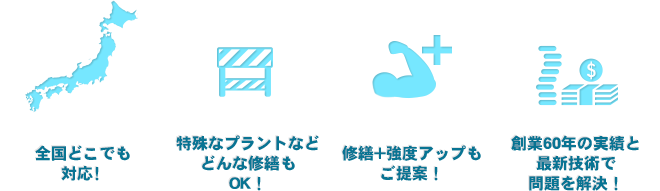 全国どこでも対応！特殊なプラントなどどんな修繕もOK！修繕+強度アップもご提案！創業70余年の実績と最新技術で問題を解決！